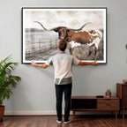 Vintage Texas Cow Wall Art Canvas Print, Rustic Longhorn