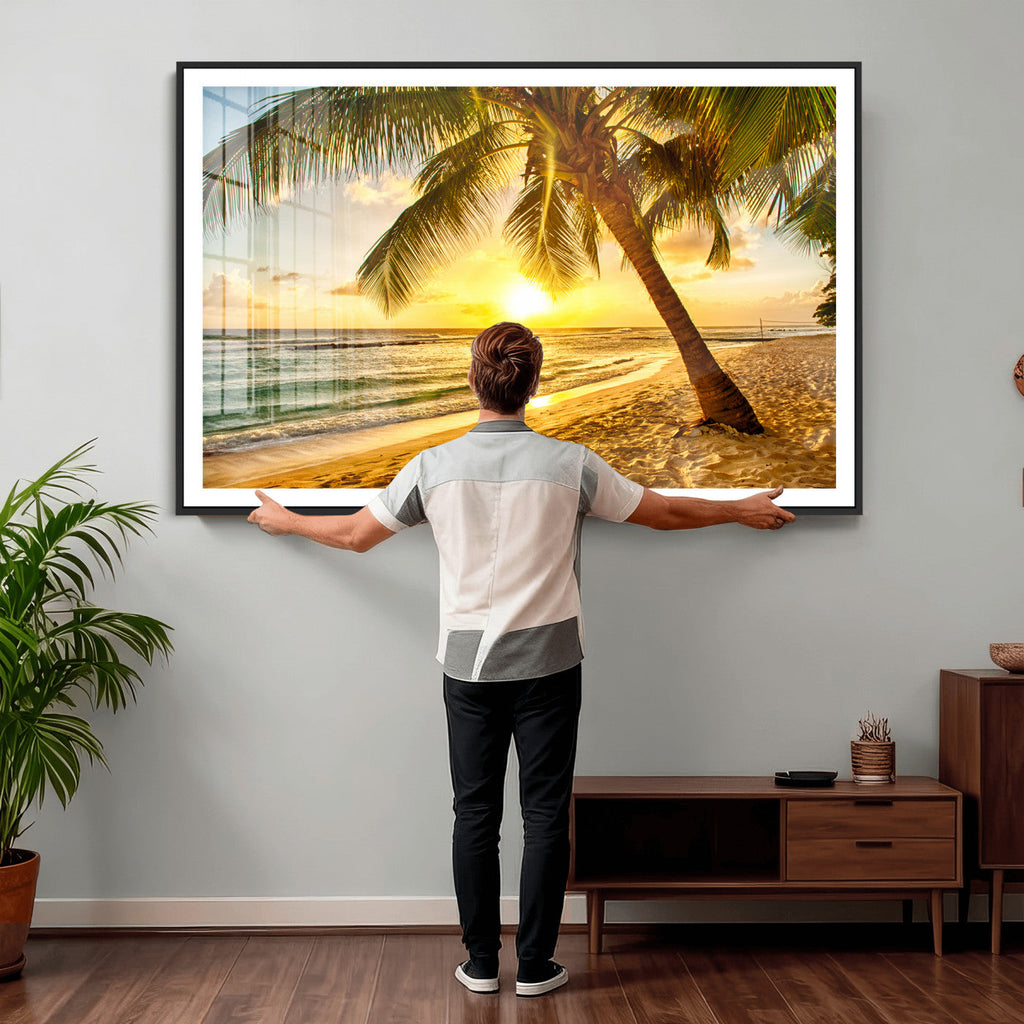Beach Sunset Canvas Wall Art Print - Tropical Beach Canvas With Palm Trees