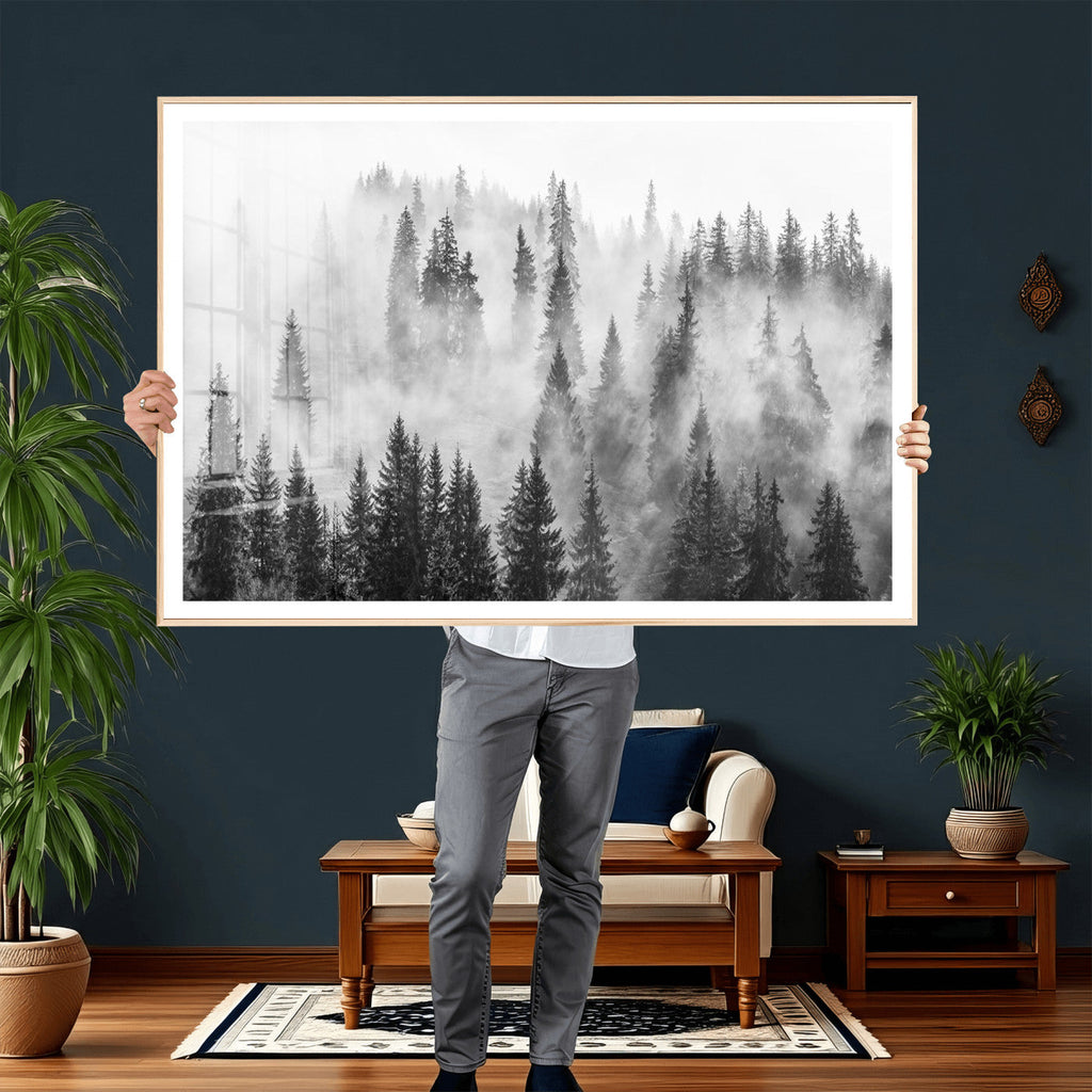 Forest Wall Art Print | Foggy Pine Forest Canvas Wall Art, Black and White Nature Decor