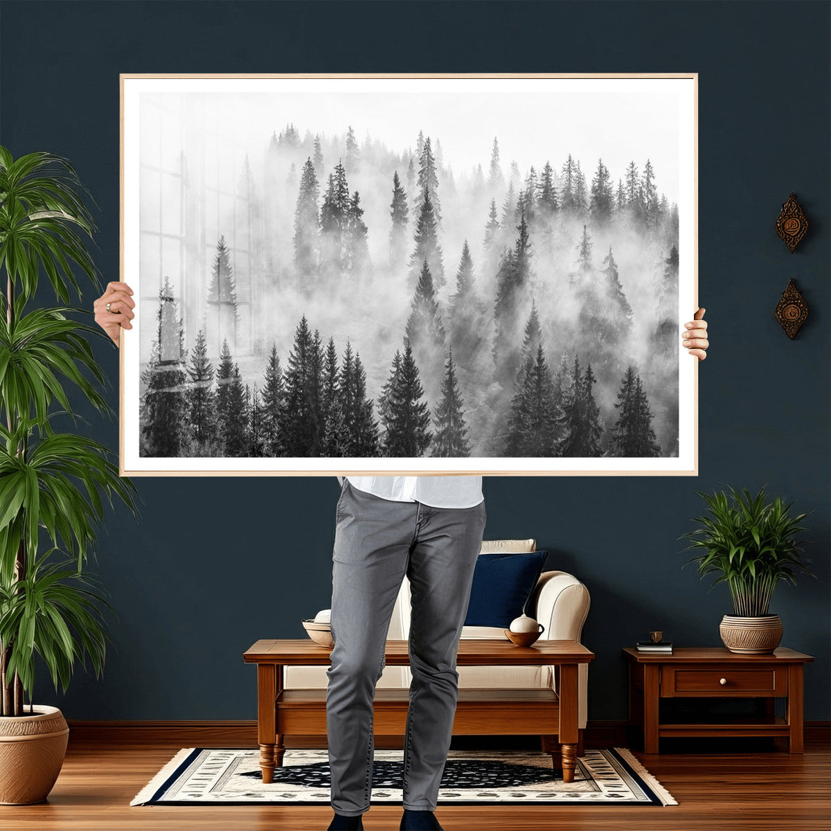 Forest Wall Art Print | Foggy Pine Forest Canvas Wall Art, Black and White Nature Decor