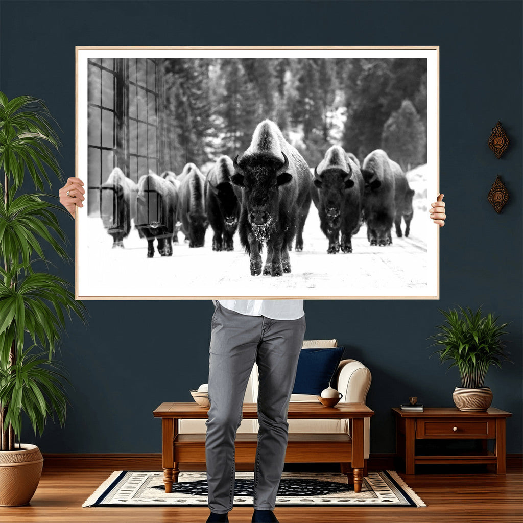 Bison Herd in Snow Wall Art Canvas Print | Rustic Western Bison Wall Art for Living Room and Farmhouse Decor