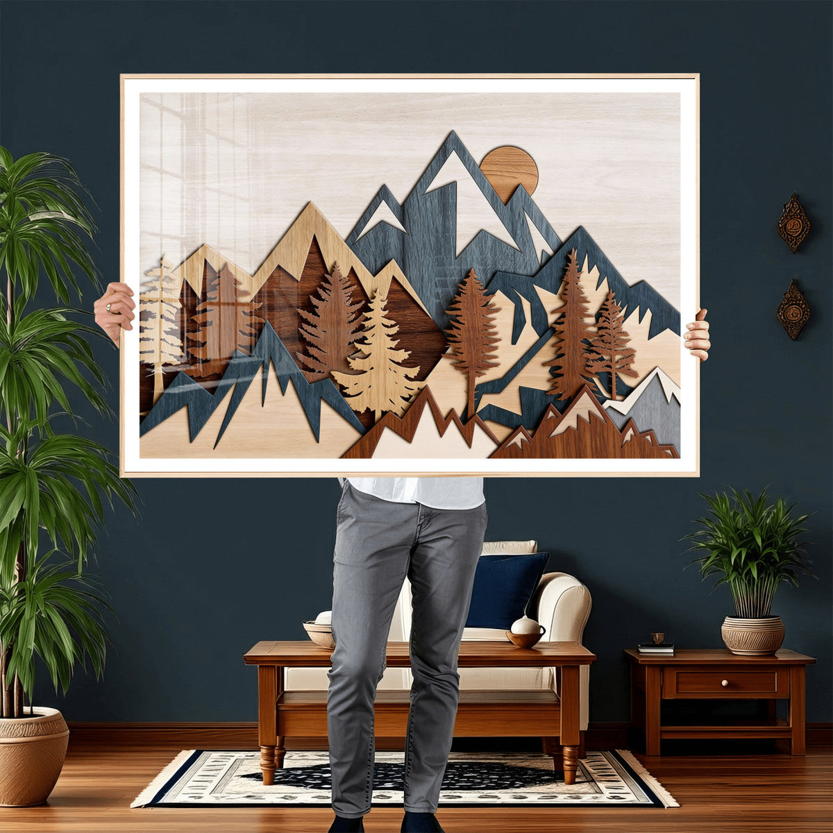 Rustic Abstract Wood Panel Effect Canvas | Mountain Range Top Wood Wall Art Canvas Print