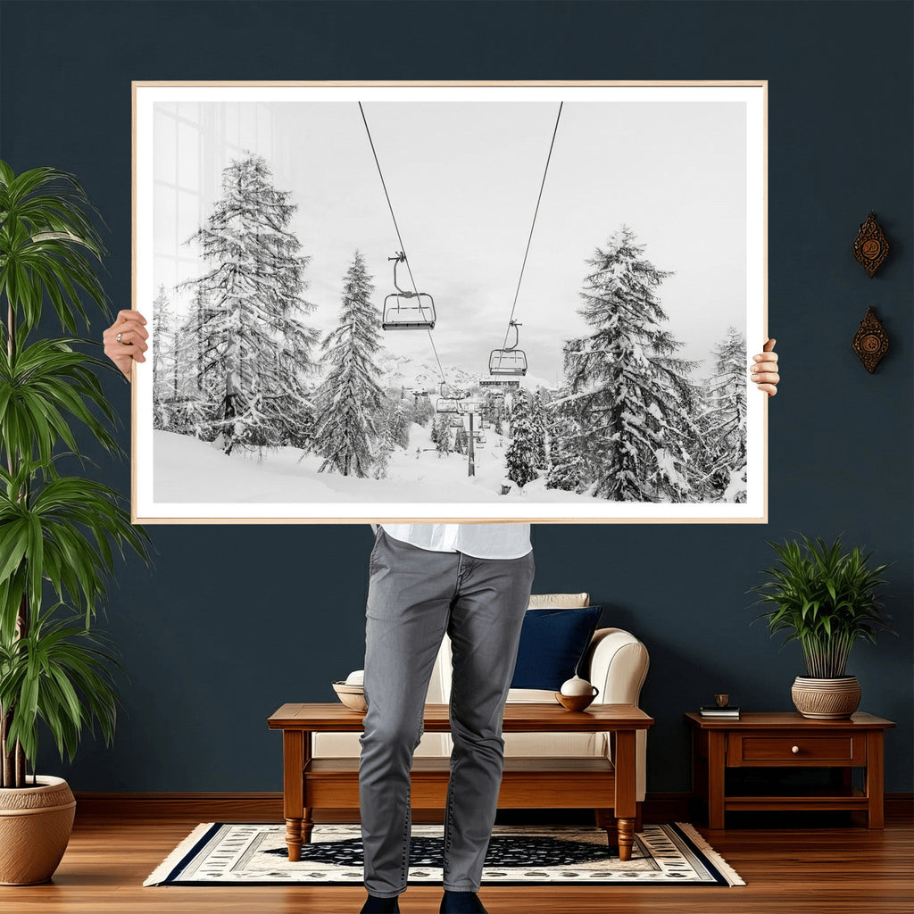 Snowy Ski Lift Wall Art | Framed Winter Forest Canvas