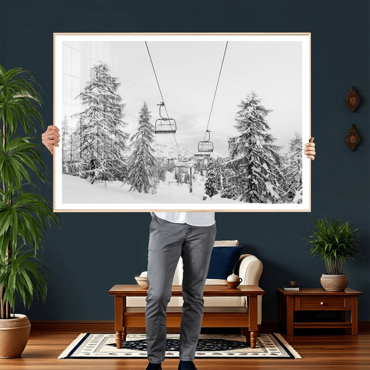 Snowy Ski Lift Wall Art | Framed Winter Forest Canvas