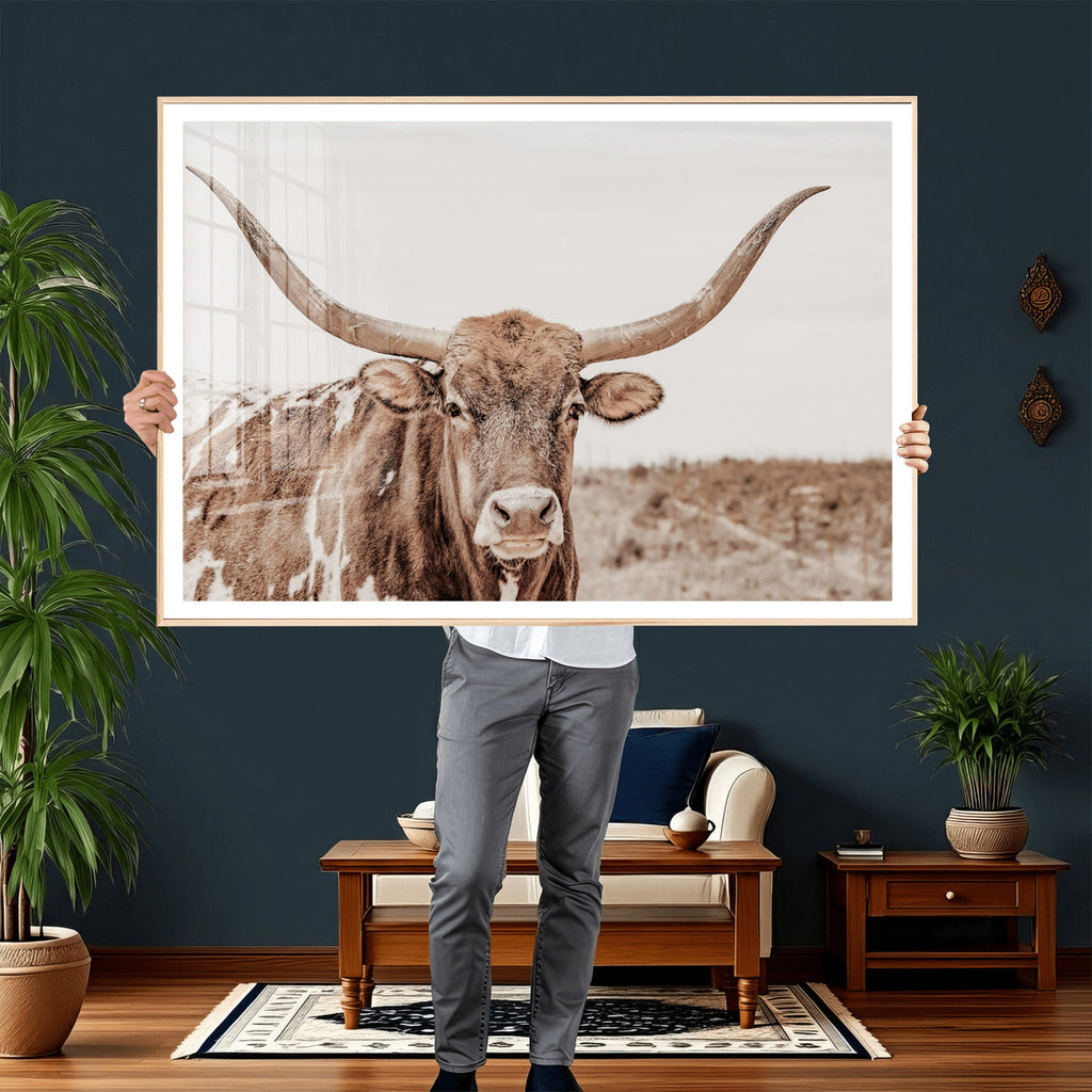 Longhorn Cow Wall Art Canvas Print, Framed Texas Ranch Print, Western Bull Art, Cowboy Decor