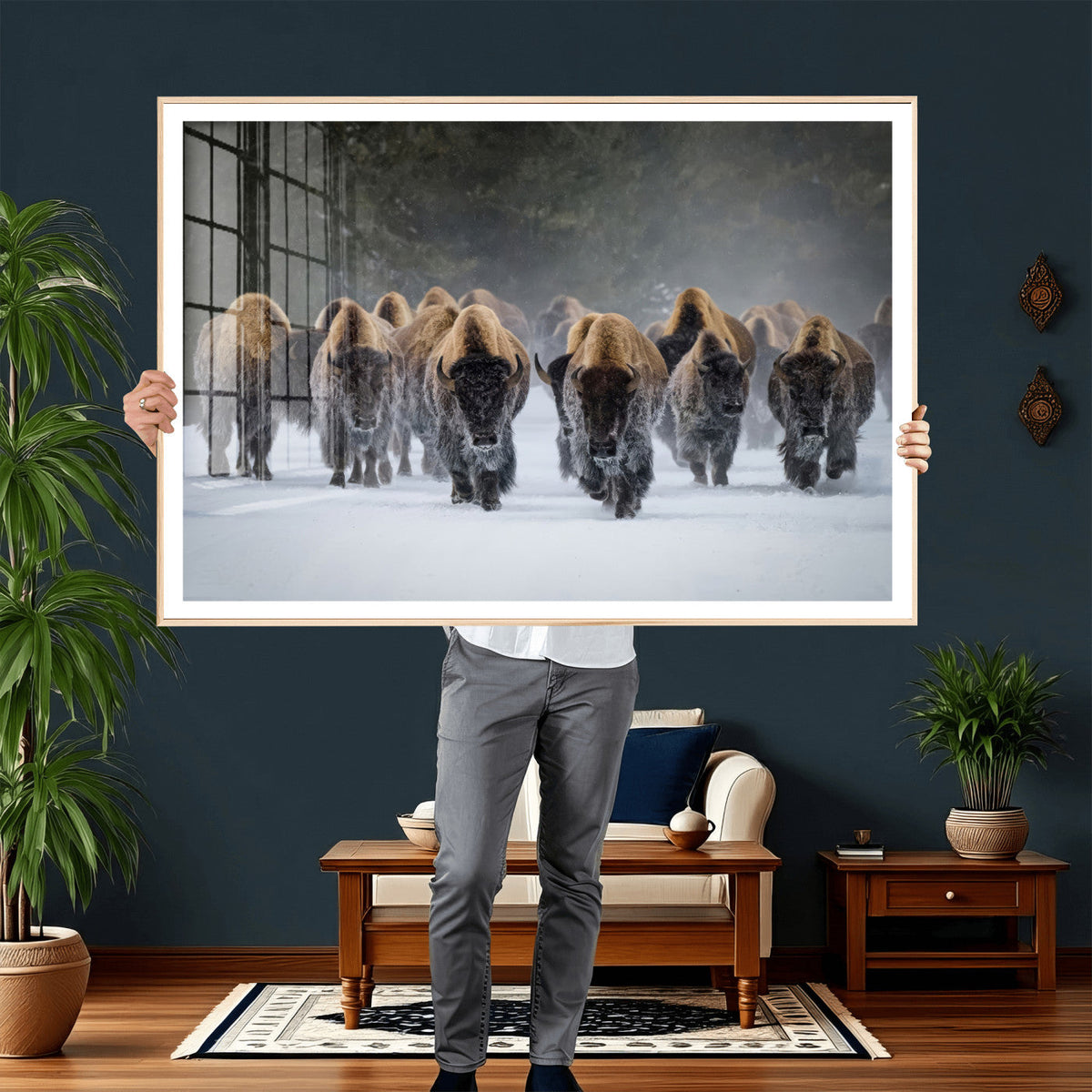 Bison Herd Wall Art Canvas Print, Framed Rustic Wildlife Decor, Snowy Bison Landscape
