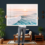 Sunset Surfing Wall Art Canvas Print, Ocean Wave Surfer with Golden Sky