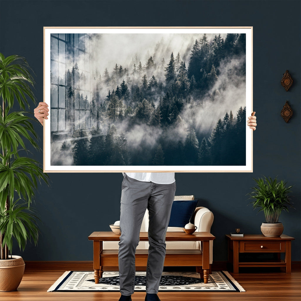 Foggy Mountain Forest Canvas Print, Misty Pine Trees Nature Wall Art