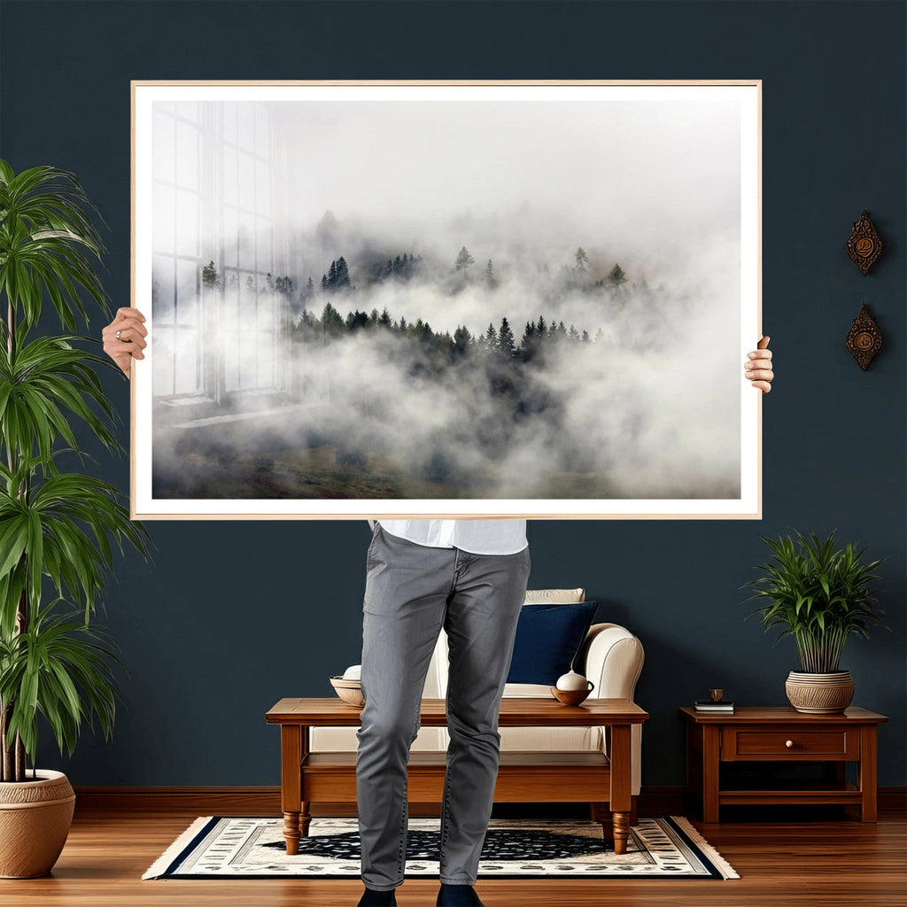 Foggy Forest Wall Art Canvas Print, Misty Pine Tree Landscape
