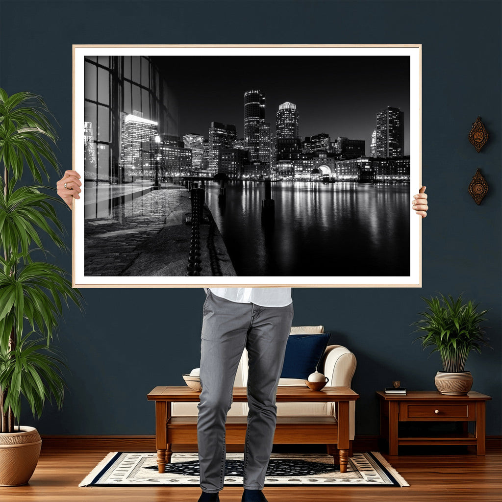Boston Wall Art Canvas Print, Boston City Downtown Night Cityscape