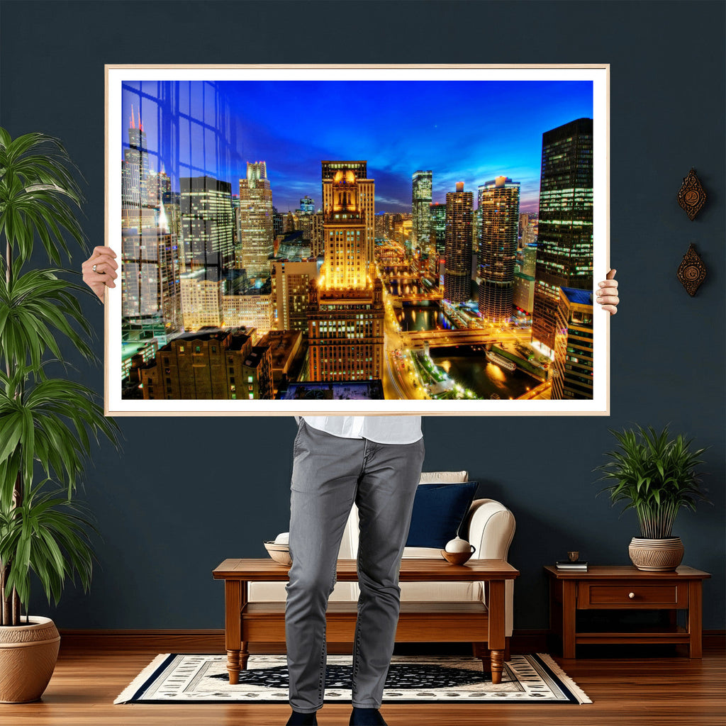 Chicago Wall Art Canvas Print - Chicago City Downtown Night Cityscape