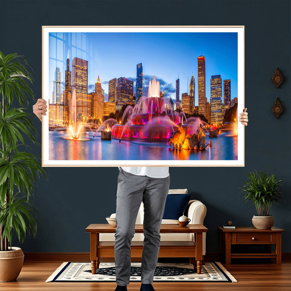 Chicago Wall Art Canvas Print, Chicago City Downtown Night Cityscape