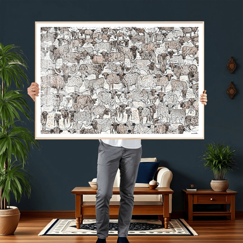 Abstract Texas Cow Wall Art Canvas Print, Farm Longhorn Art for Cabin Decor