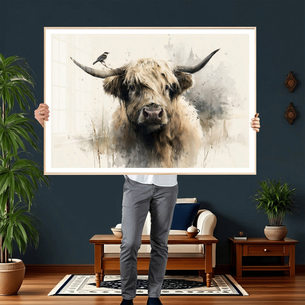 Abstract Highland Cow Wall Art Canvas Print, Rustic Farm Cattle Portrait