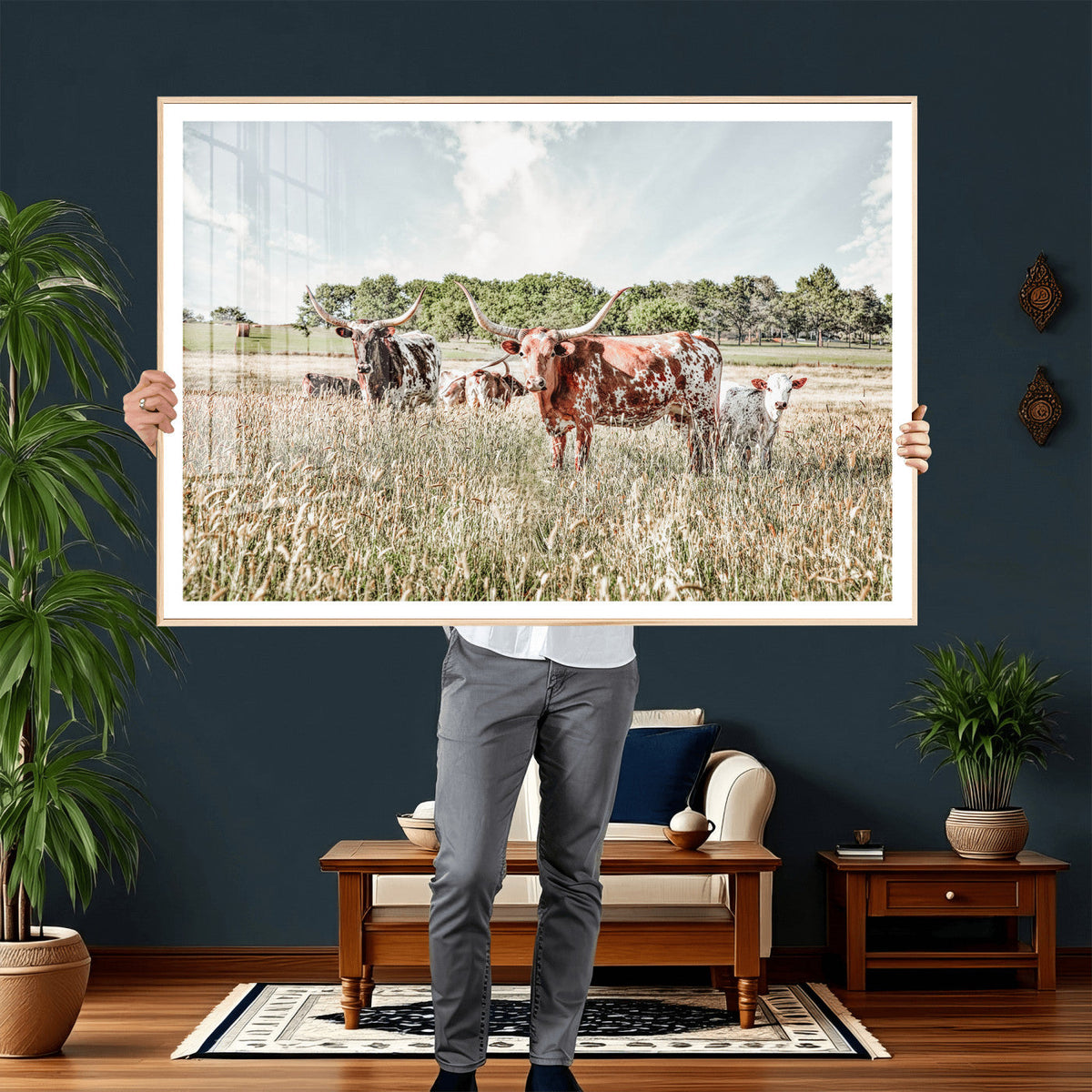 Texas Longhorn Cattle Wall Art Canvas Print, Western Ranch Landscape Decor