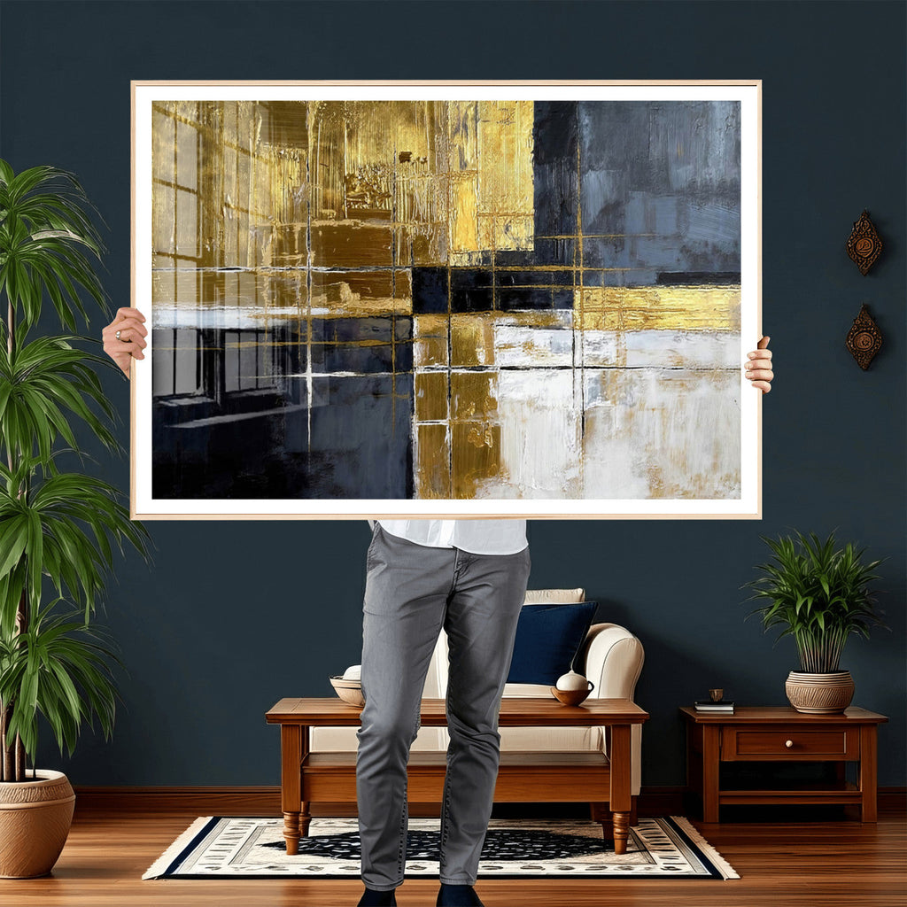 Gold Navy Abstract Wall Art Canvas Print, Modern Luxury Geometric Art for Living Room and Office