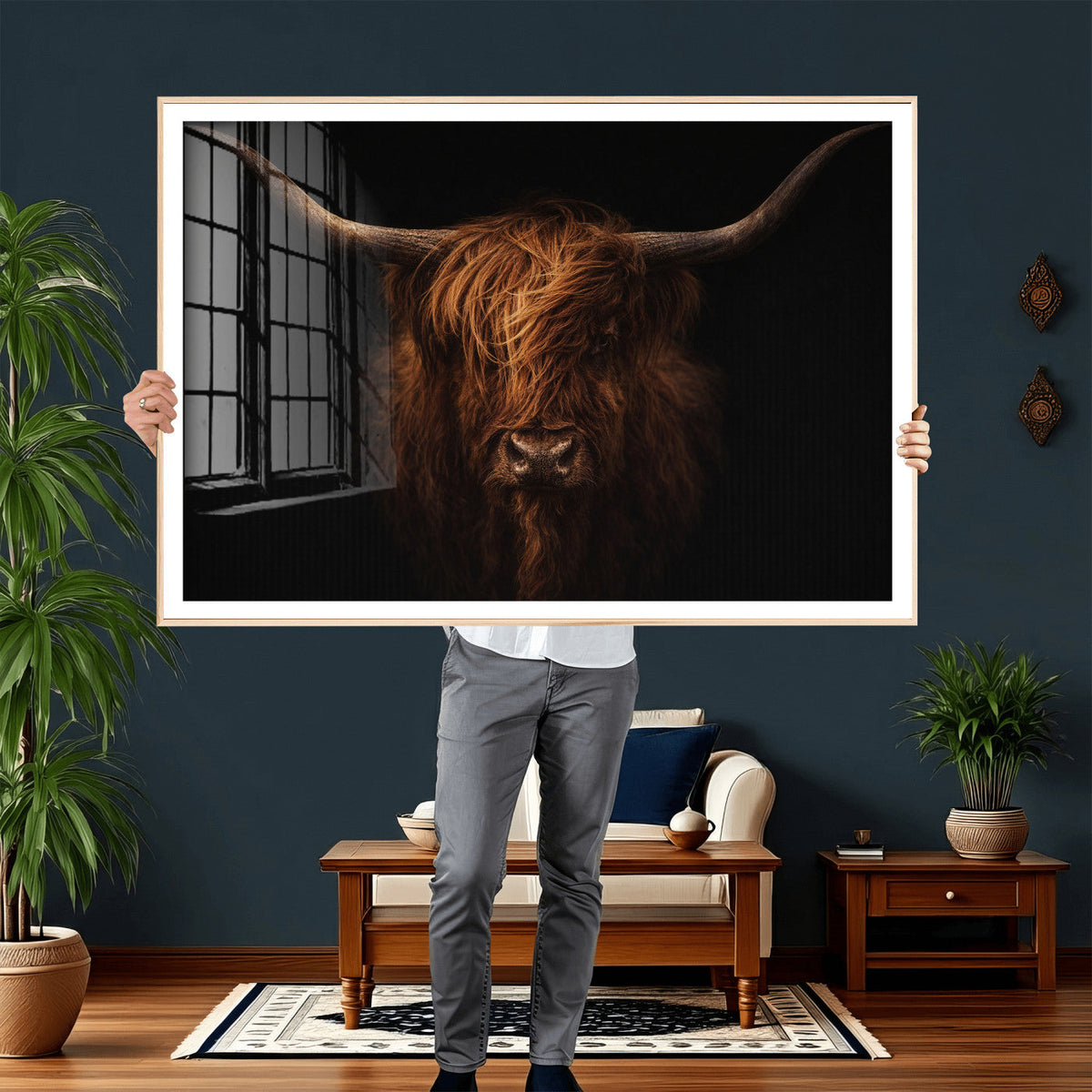 Highland Cow Wall Art Canvas Print | Moody Dark Rustic Farmhouse Portrait