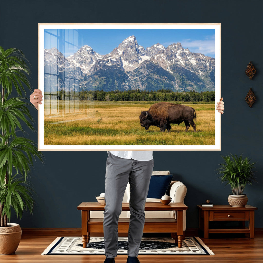 Bison in Mountain Landscape Wall Art Canvas Print, Western Decor