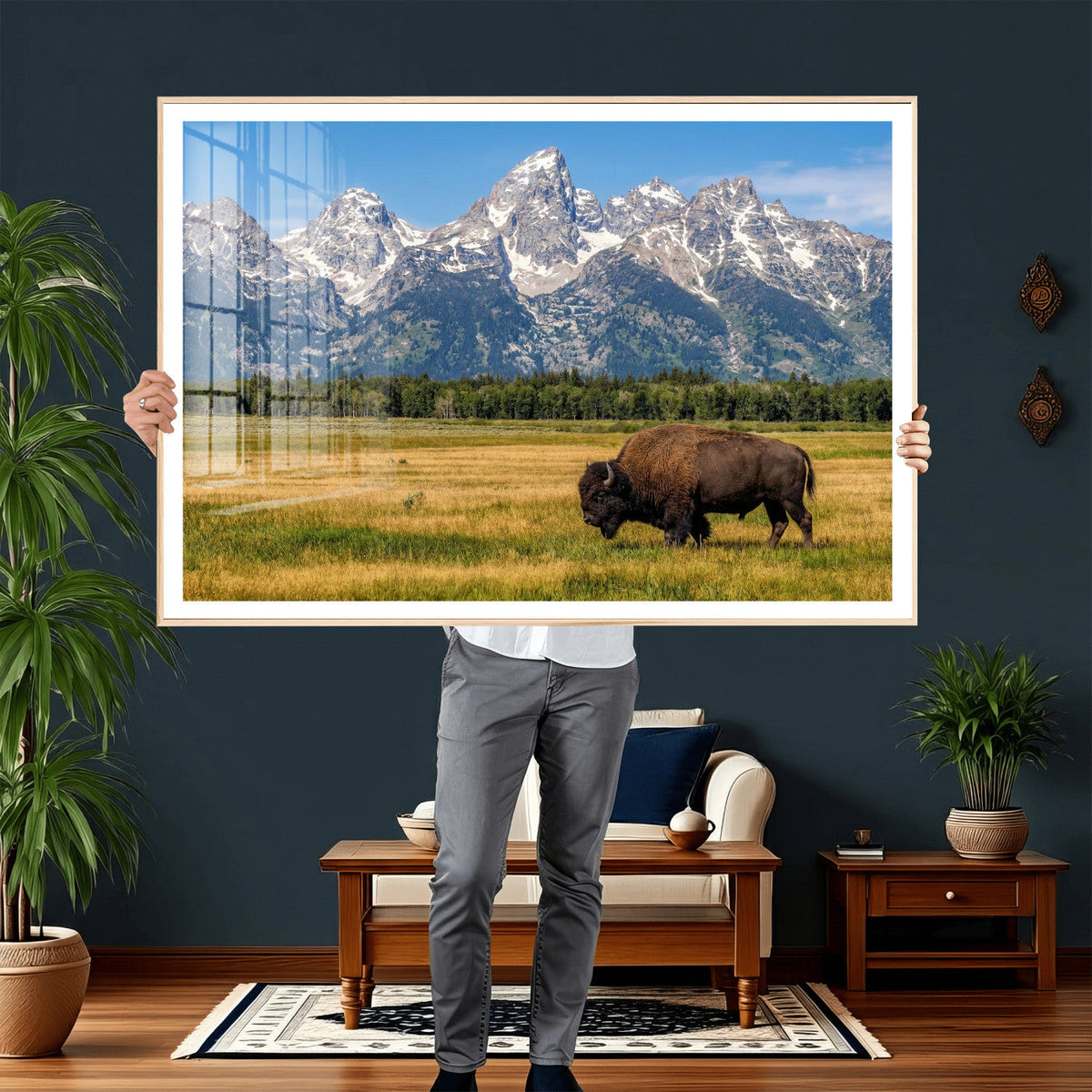 Bison in Mountain Landscape Wall Art Canvas Print, Western Decor