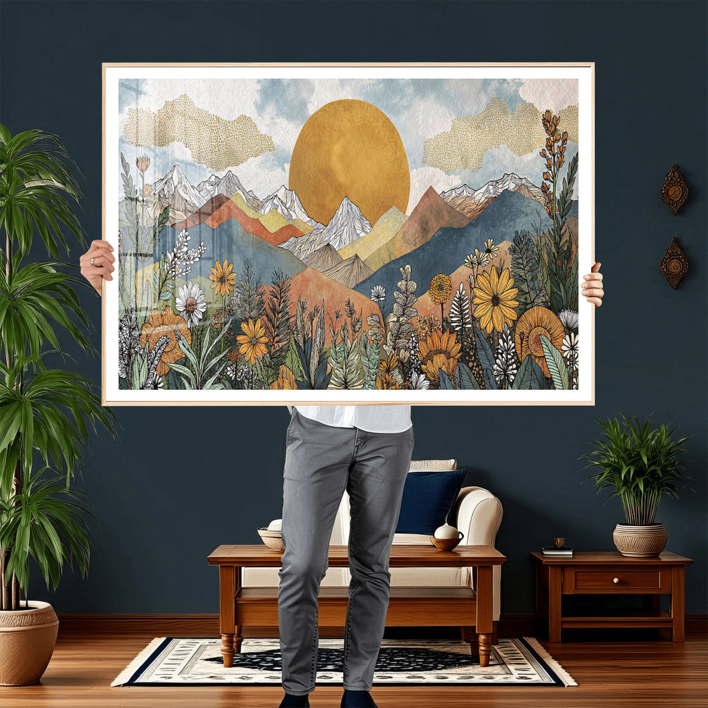 Boho Mountain Landscape Large Wall Art, Horizontal Gold Sun and Flowers Print
