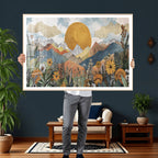 Boho Mountain Landscape Large Wall Art, Horizontal Gold Sun and Flowers Print
