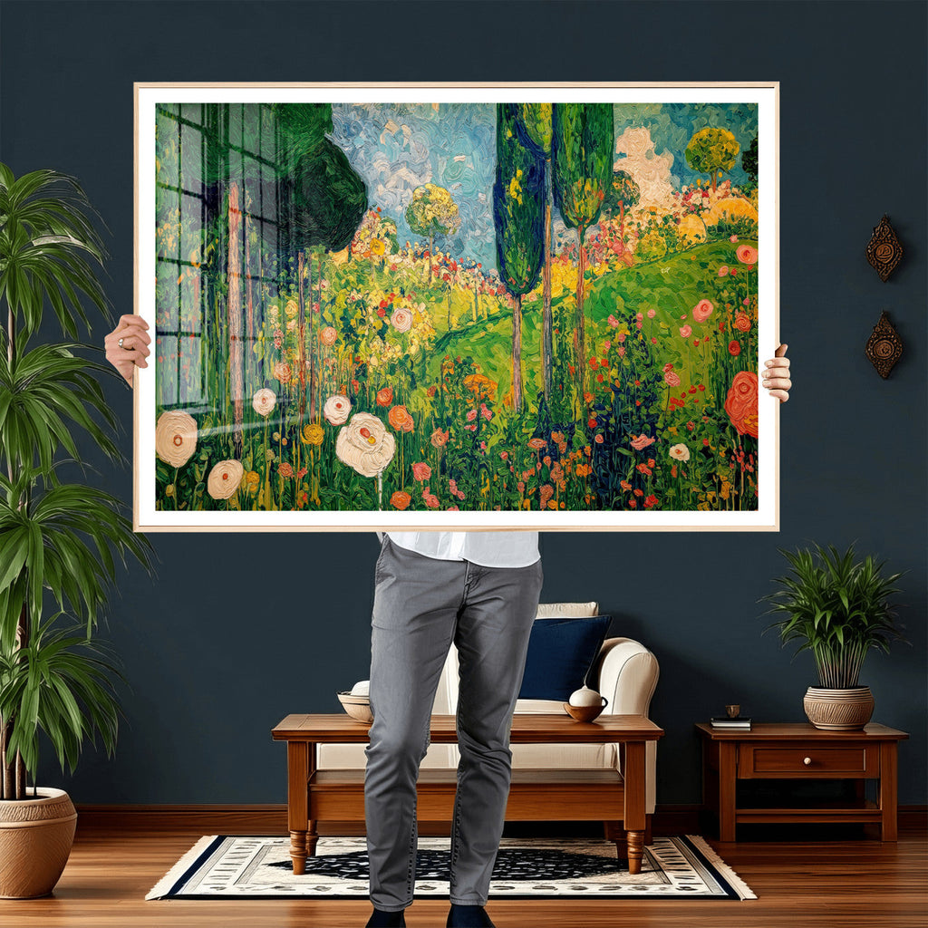 Gustav Klimt Boho Mountain Landscape Large Wall Art, Gold Sun and Flowers Print