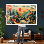 Yayoi Kusama Boho Mountain Landscape Large Wall Art, Gold Sun and Flowers Print