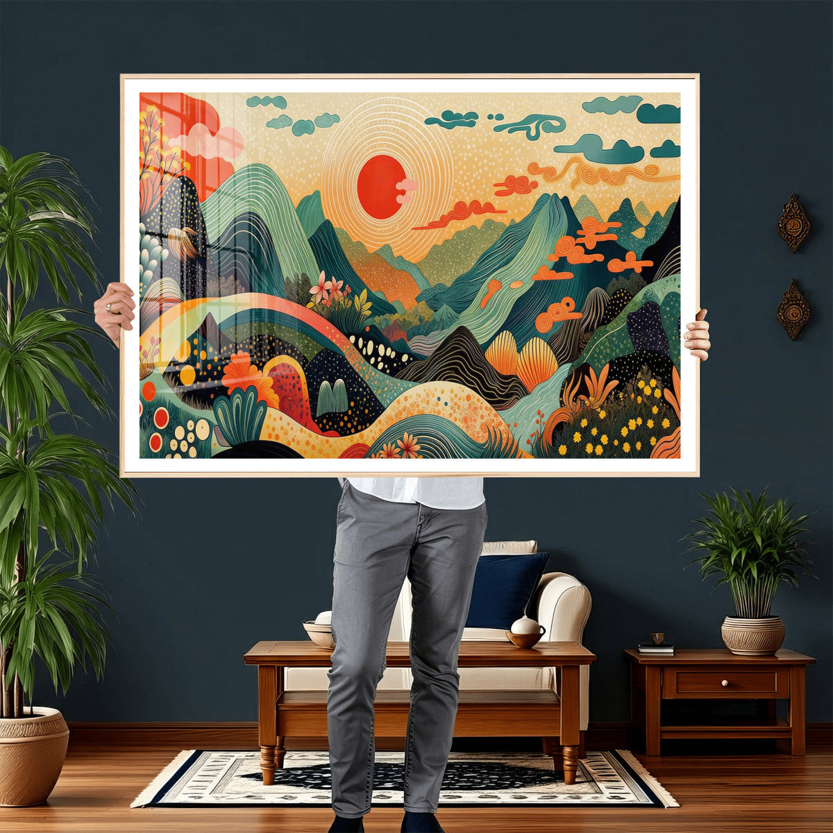 Yayoi Kusama Boho Mountain Landscape Large Wall Art, Gold Sun and Flowers Print