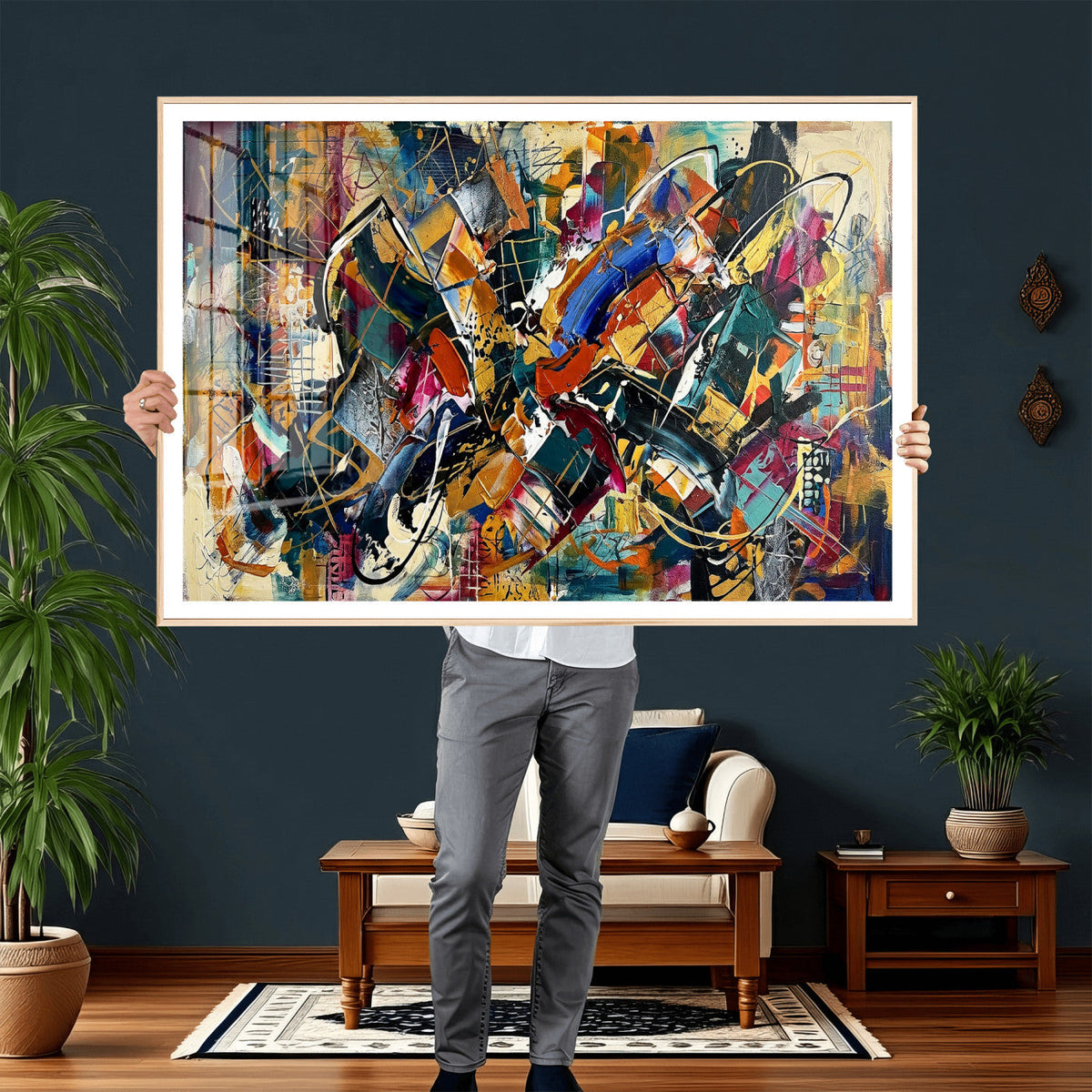 Geometric Abstract Wall Art Canvas Print, Orange Blue