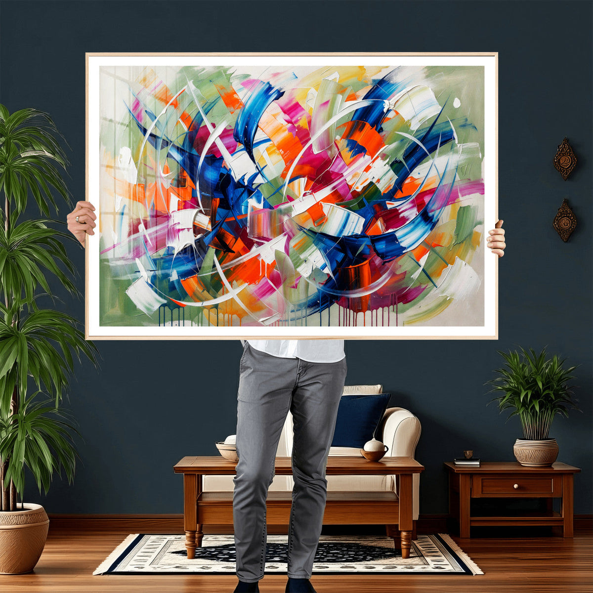 Geometric Abstract Wall Art Canvas Print, Orange Blue