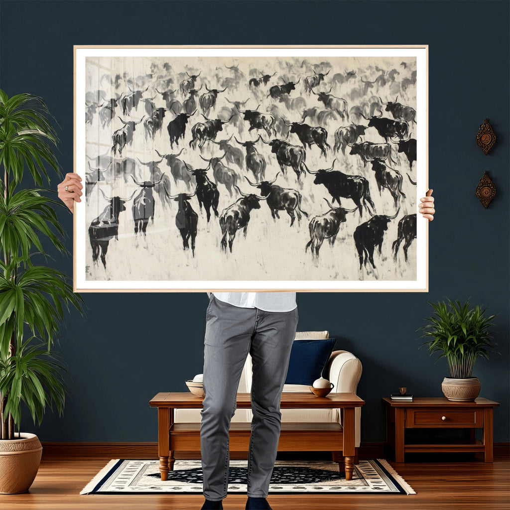 Longhorn Cattle Canvas Wall Art, Black White Stampede Ink