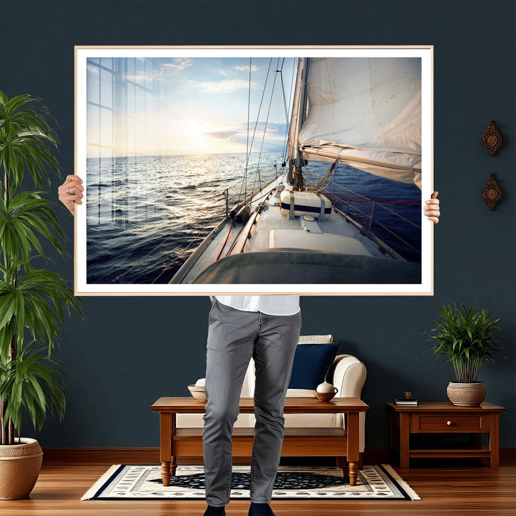Sailboat Wall Art Canvas Print, Ocean Sunset Sailing Framed Artwork