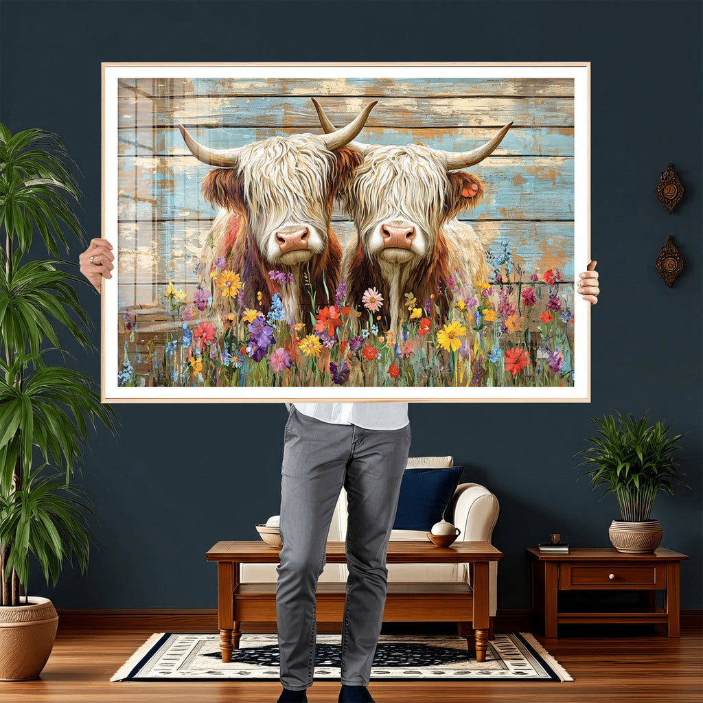 Cute Highland Cow Canvas Wall Art - Rustic Farmhouse Decor