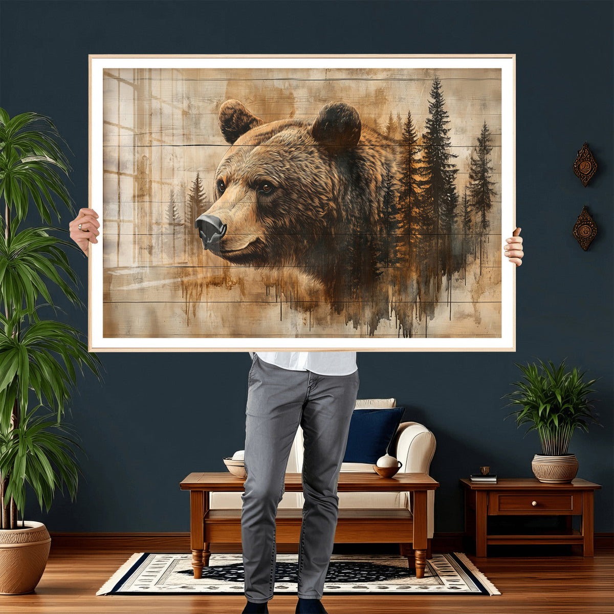 Rustic Grizzly Bear Wall Art, Abstract Grizzly 399 Bear Canvas Print, Woodland Wildlife