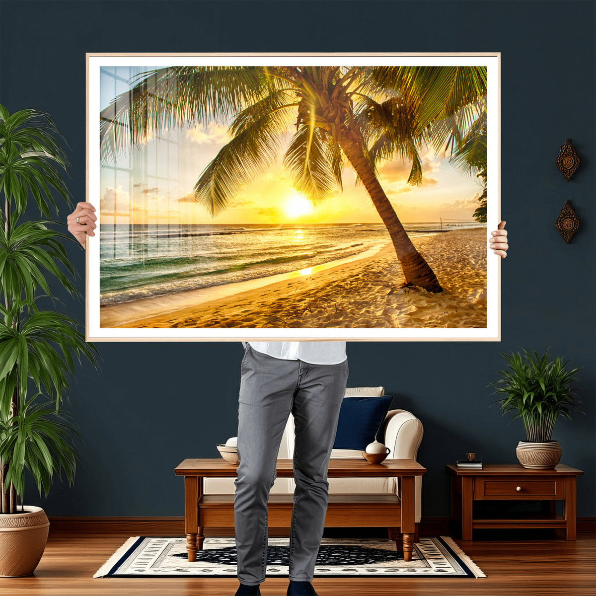 Beach Sunset Canvas Wall Art Print - Tropical Beach Canvas With Palm Trees