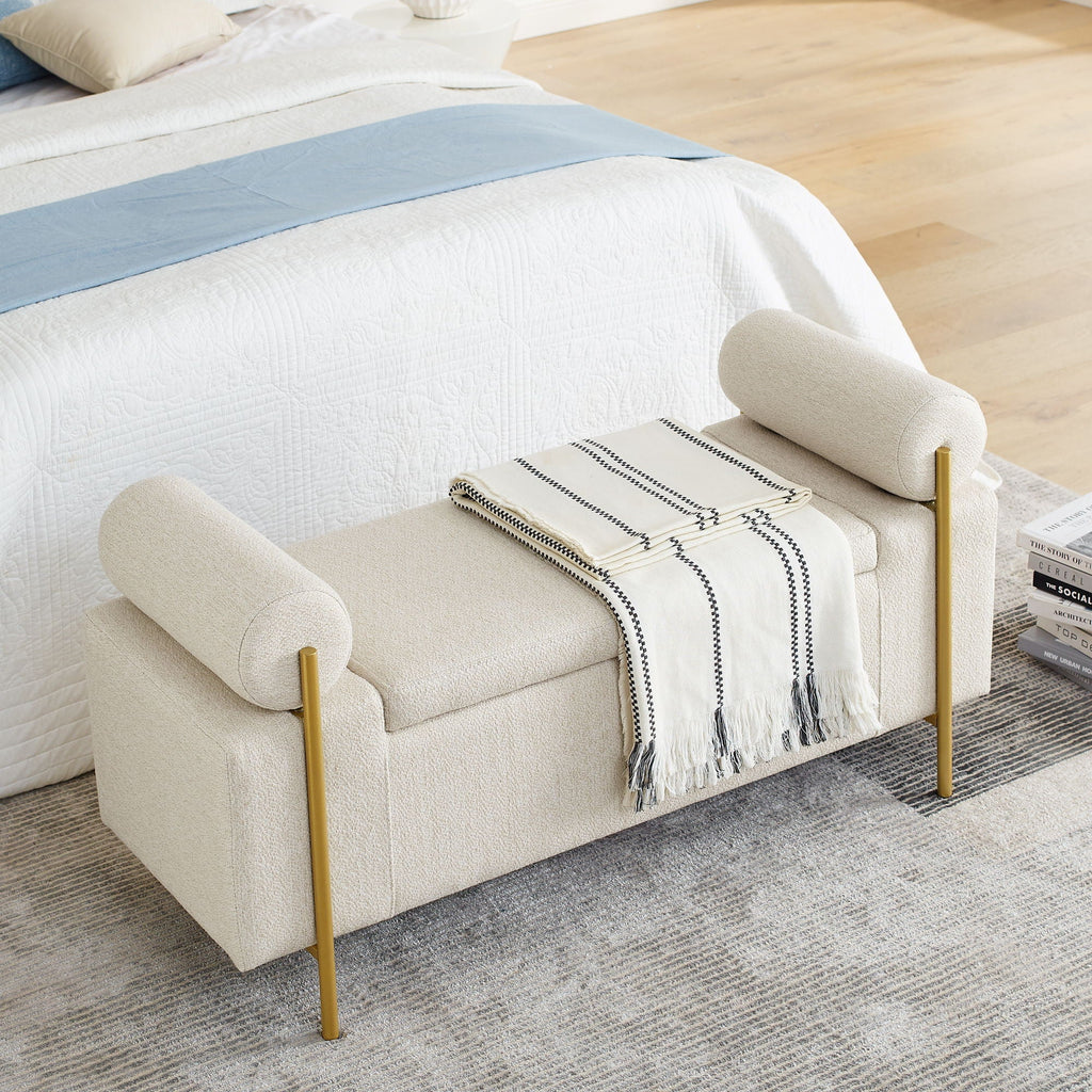 Elegant Upholstered Storage Bench With Cylindrical Arms And Iron Legs