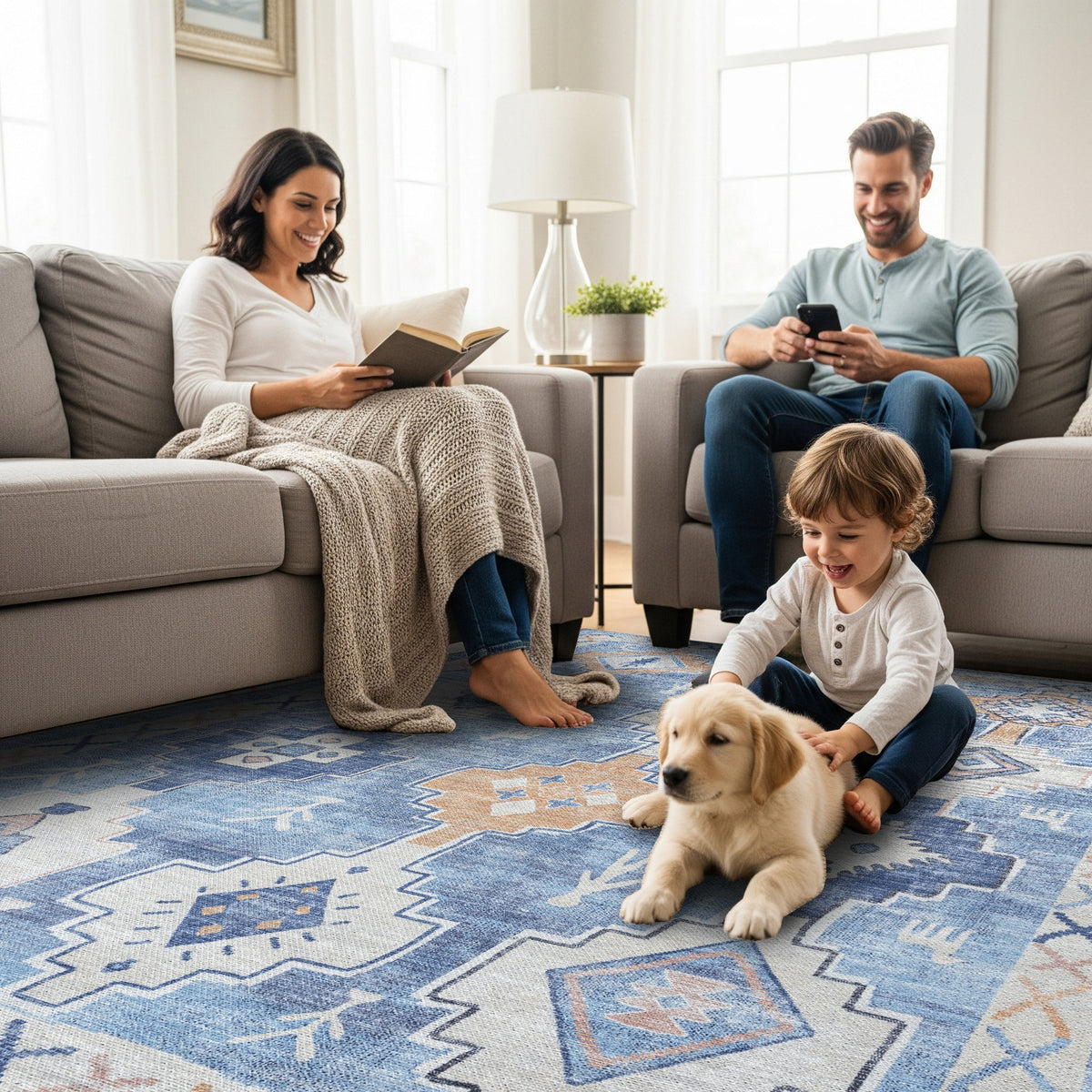 Blue Boho Oushak Washable Rug