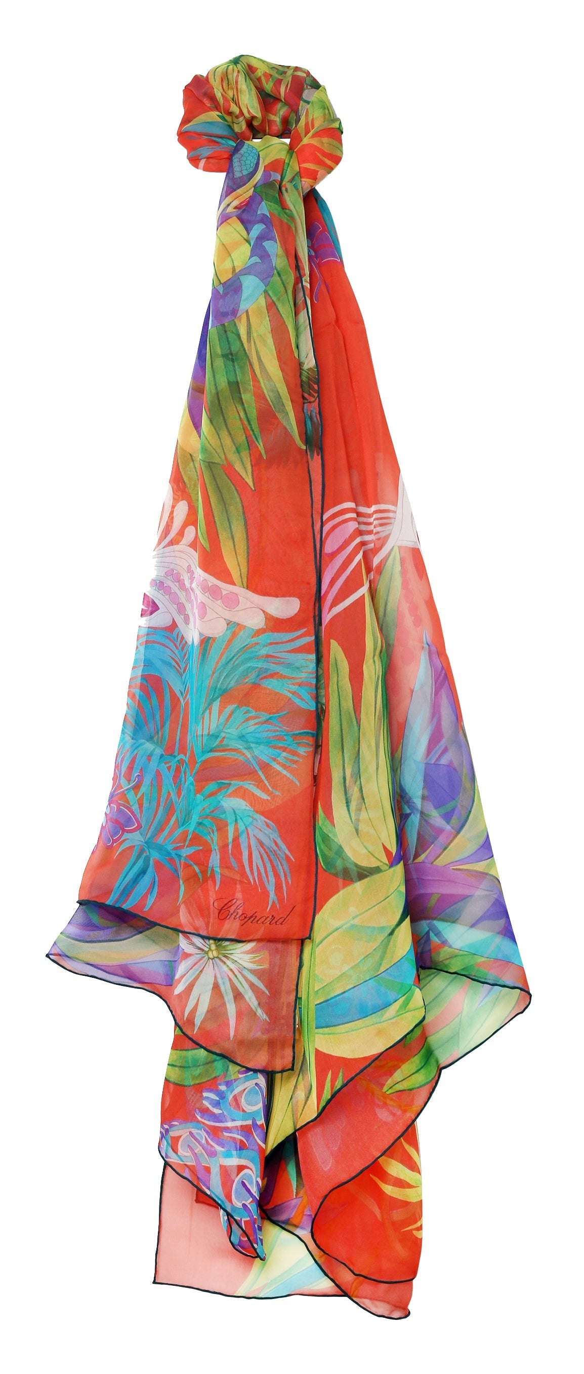 Chopard Animal World Coral/Turquoise Organic Silk Chiffon Womens Stole/Scarf 95005-0473