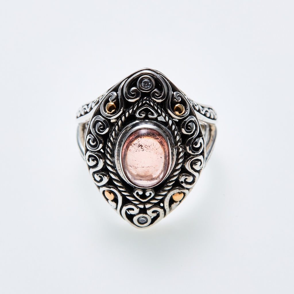 SS + 18K +  Pink Tormaline Ring + Diamond Accents