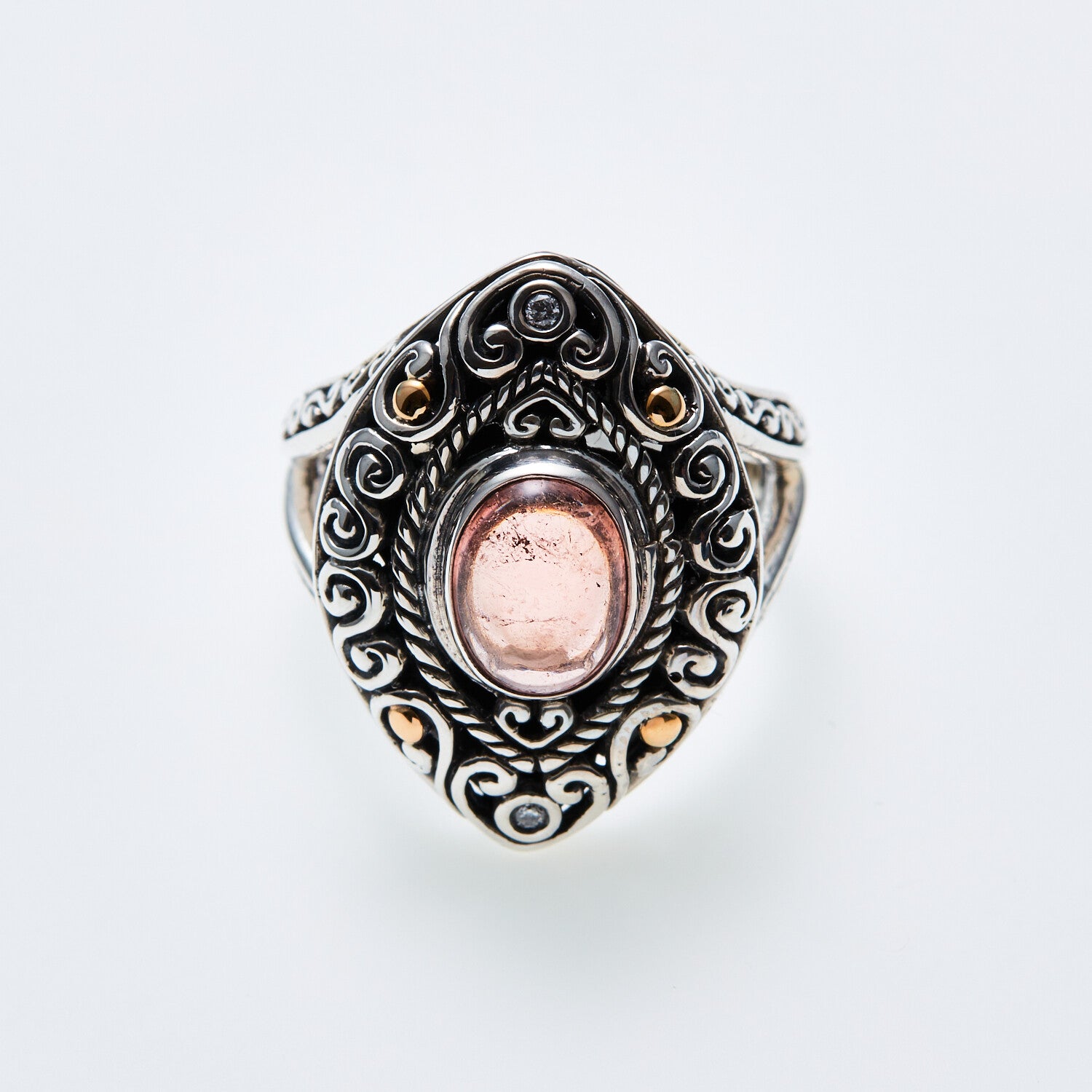 SS + 18K +  Pink Tormaline Ring + Diamond Accents