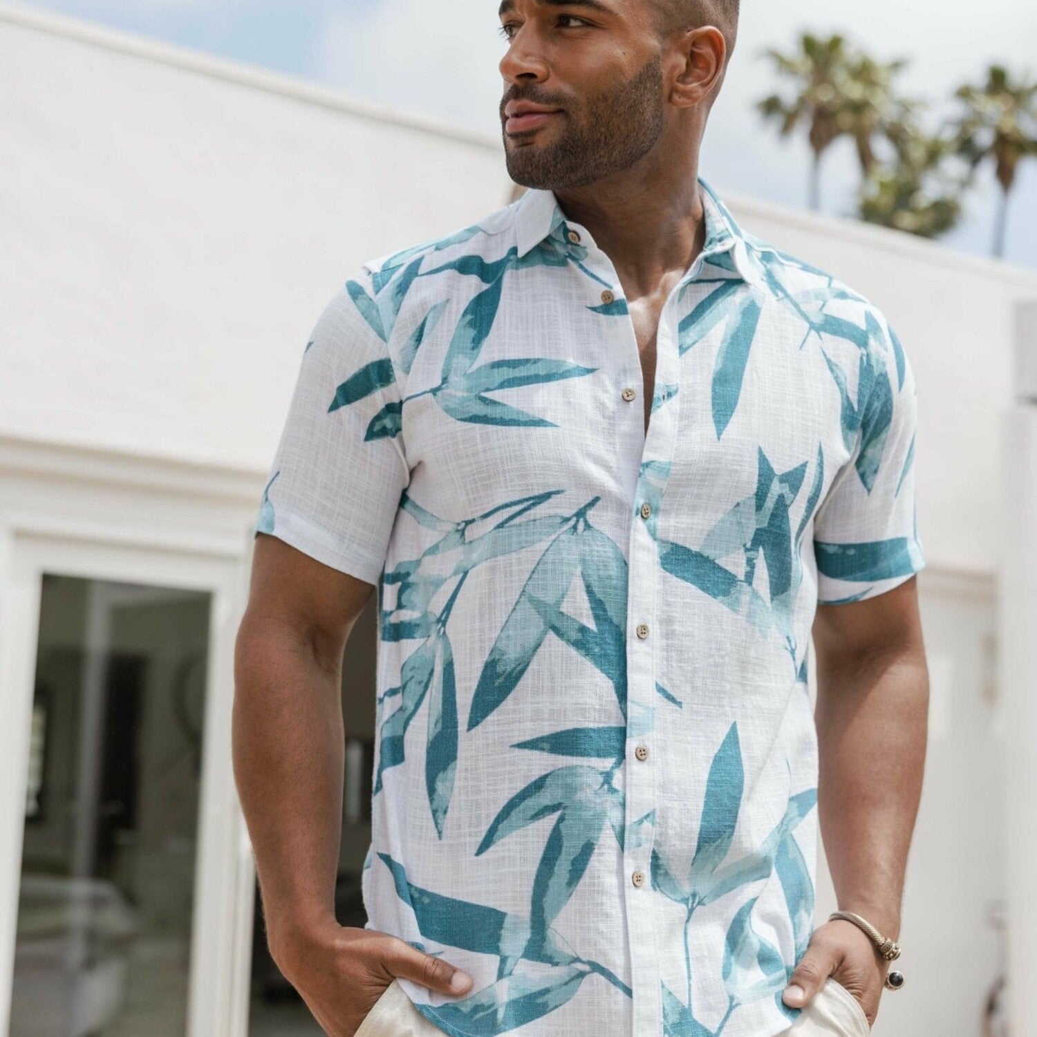 Men's Resort Style Casual Linen Blend Colorful Tropical Leaf Print Shirt