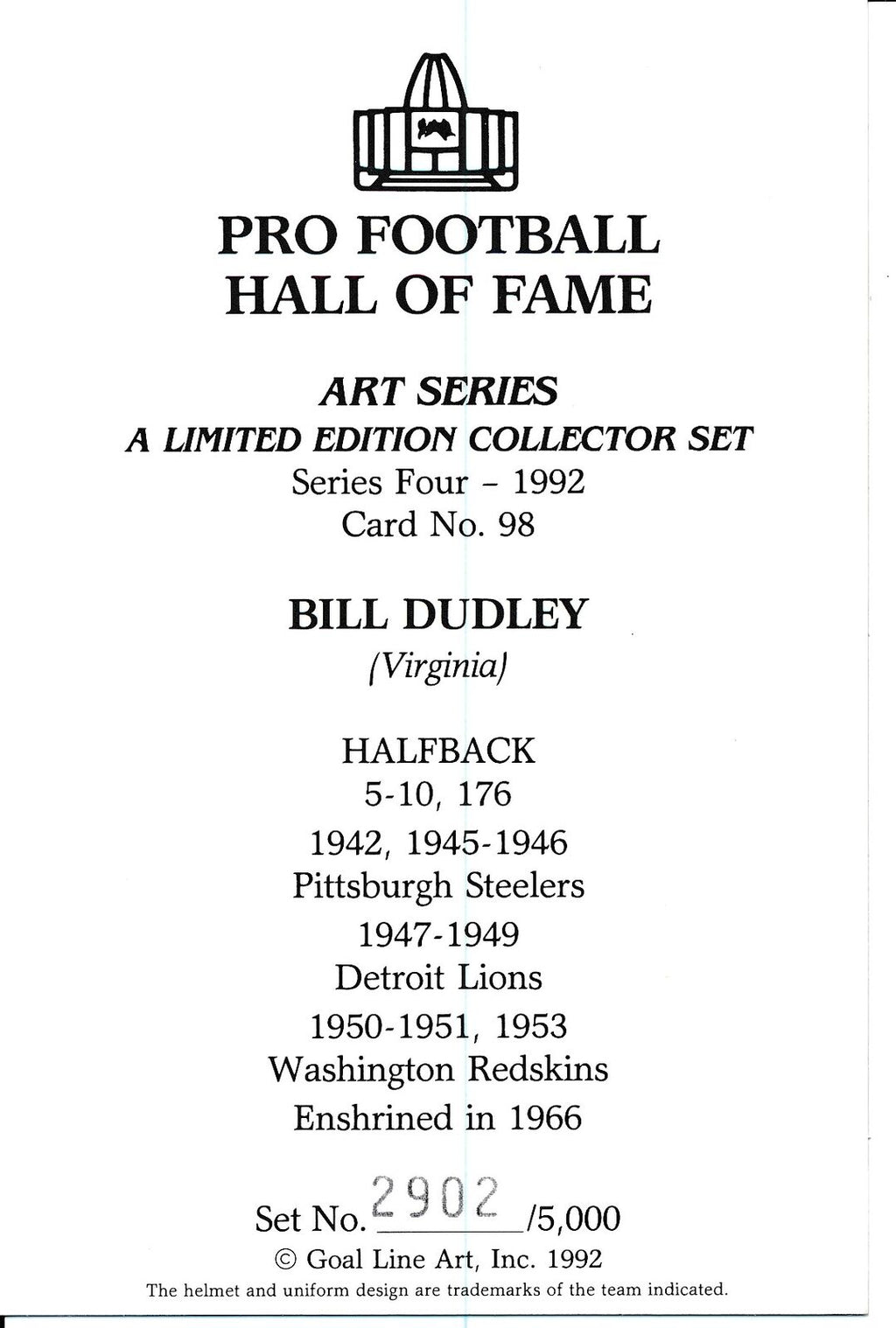 Bullet Bill Dudley HOF Steelers Signed/Auto Goal Line Art GLAC Postcard 163848