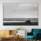Motorcycle Beach Wall Art Canvas Print, Framed Vintage Biker Silhouette Artwork