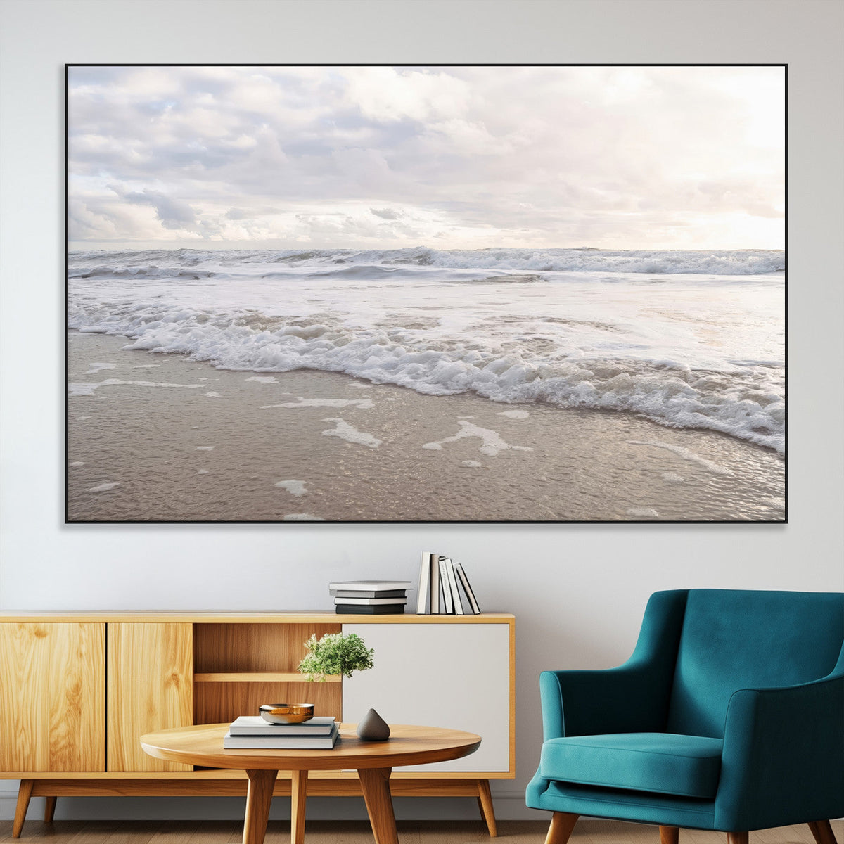 Ocean Waves Wall Art Canvas Print, Framed Coastal Shoreline Sea Foam Artwork