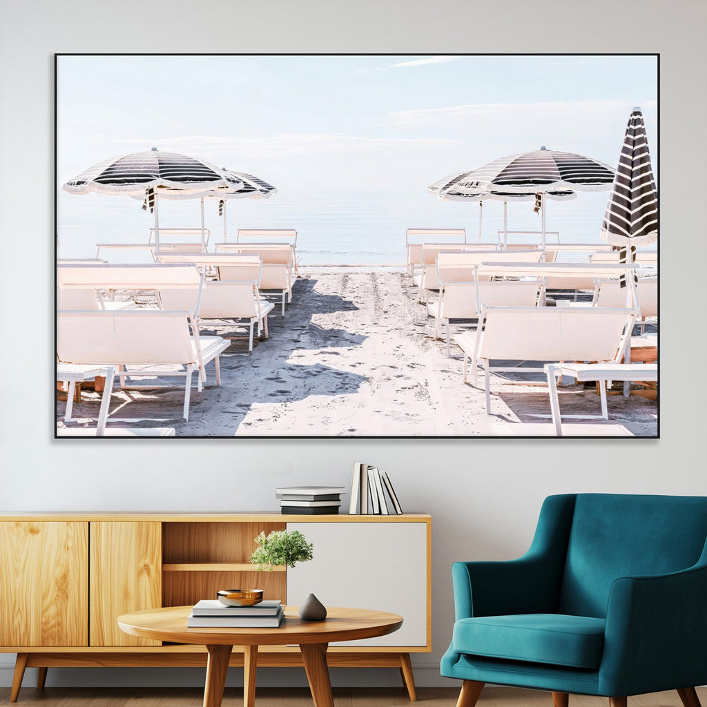 Minimalist Beach Wall Art Canvas Print, Framed Pastel Sand and Striped Umbrella Artwork