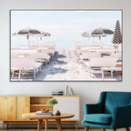 Minimalist Beach Wall Art Canvas Print, Framed Pastel Sand and Striped Umbrella Artwork