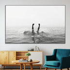 Black White Ocean Wall Art Canvas Print, Framed Monochrome Diving into Water Artwork
