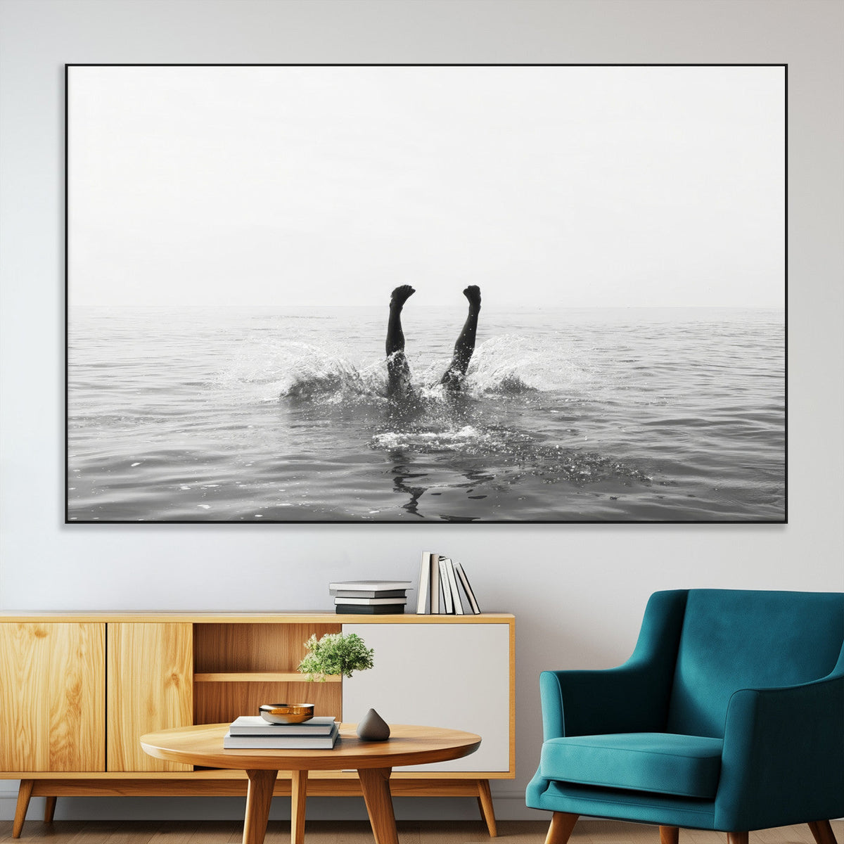 Black White Ocean Wall Art Canvas Print, Framed Monochrome Diving into Water Artwork