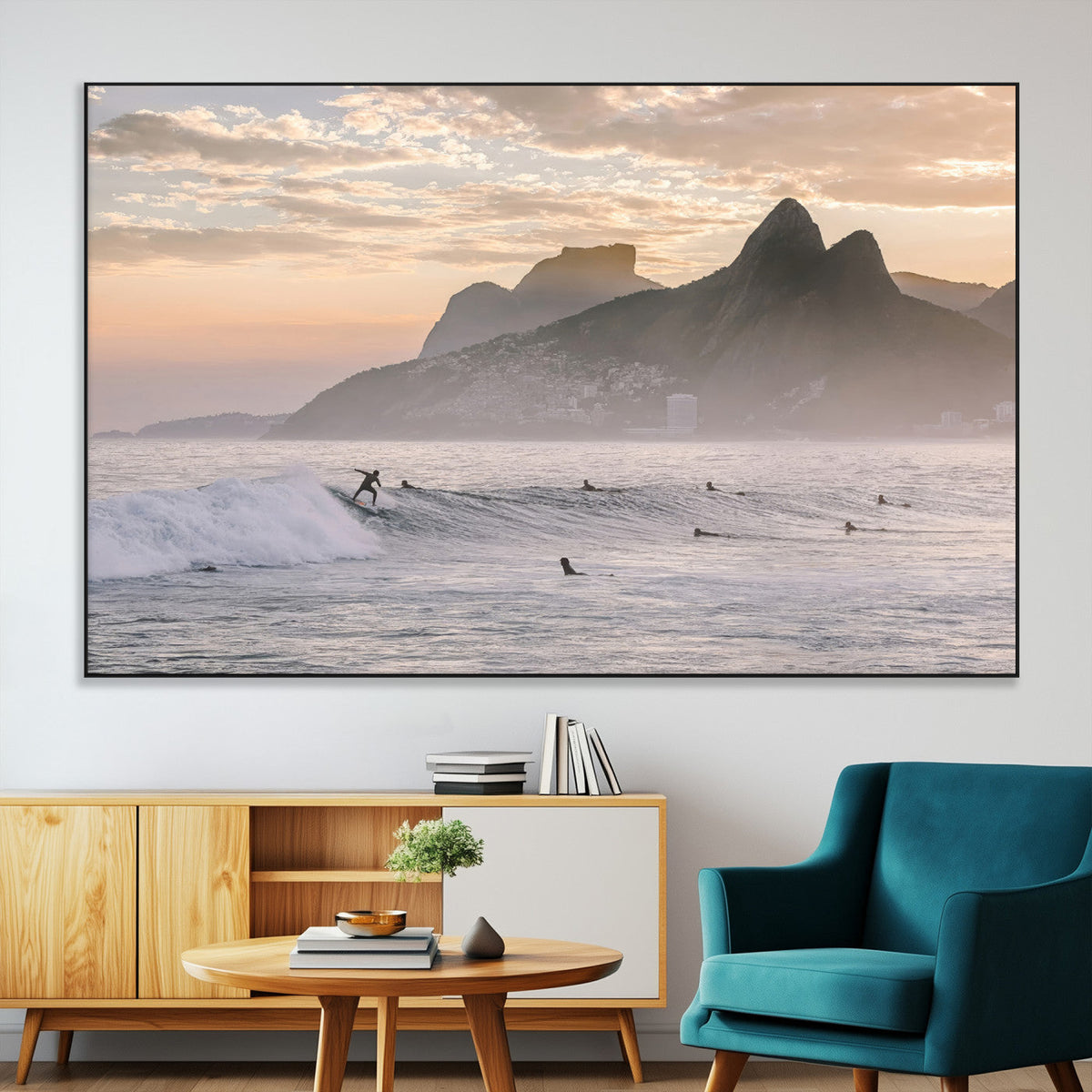 Sunset Surfing Wall Art Canvas Print, Framed Misty Mountains and Surfer Riding a Wave