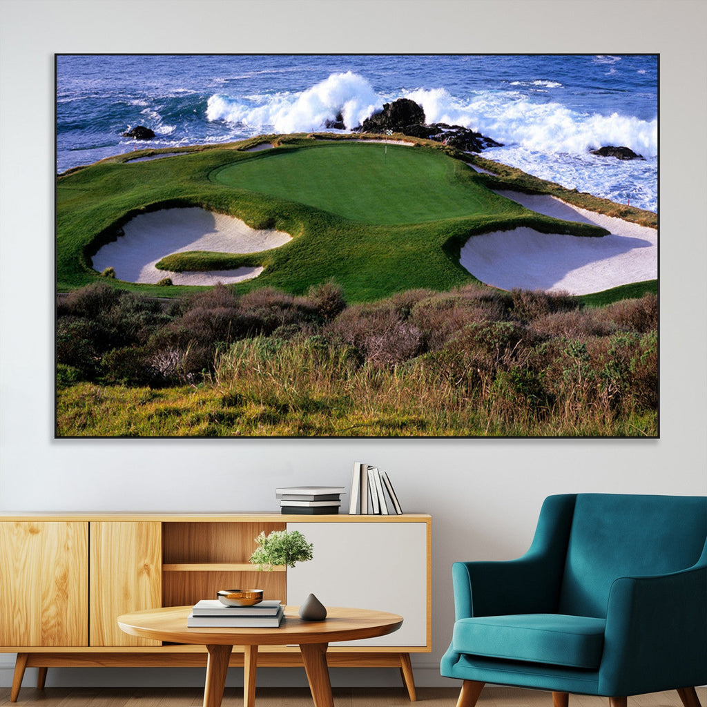 Ocean Cliff Golf Course Wall Art Canvas Print, Waves Crashing, Coastal Golf Landscape